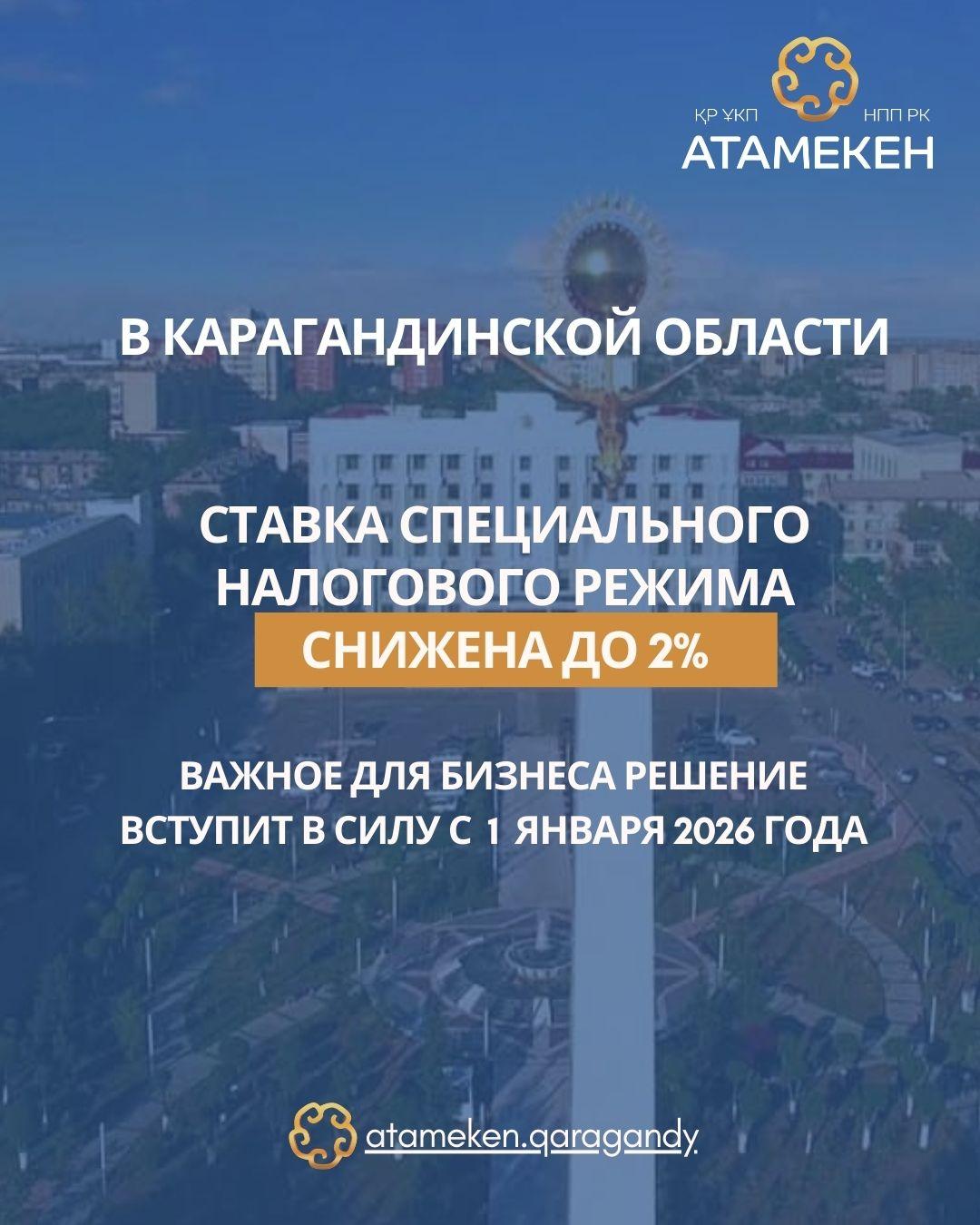 В Карагандинской области ставка СНР по упрощённой декларации снижена до 2%